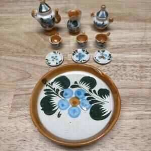 Vintage Mexican Miniature Tea Set Hand Painted Tonala Folk Art 12 Pcs Dollhouse